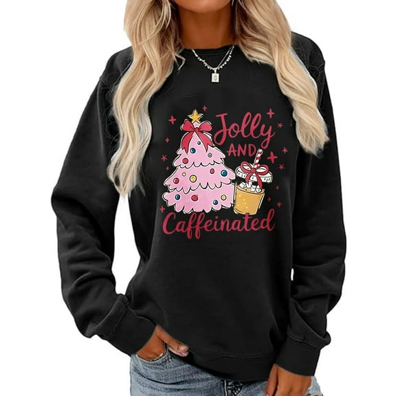 Merry Christmas Sweatshirt Christmas Tree and Coffee Print Long Sleeve Shirt for Women