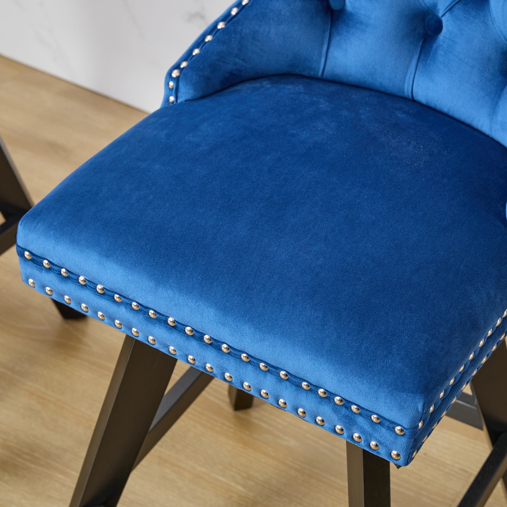 Swivel Bar Stools Set of 2, Velvet Counter Height Bar Stools with Back, Swivel Dining Chair with Button Tufted and Wooden Legs, Kitchen Chair Counter Stools for Kitchen Island Kitchen Counter, Blue