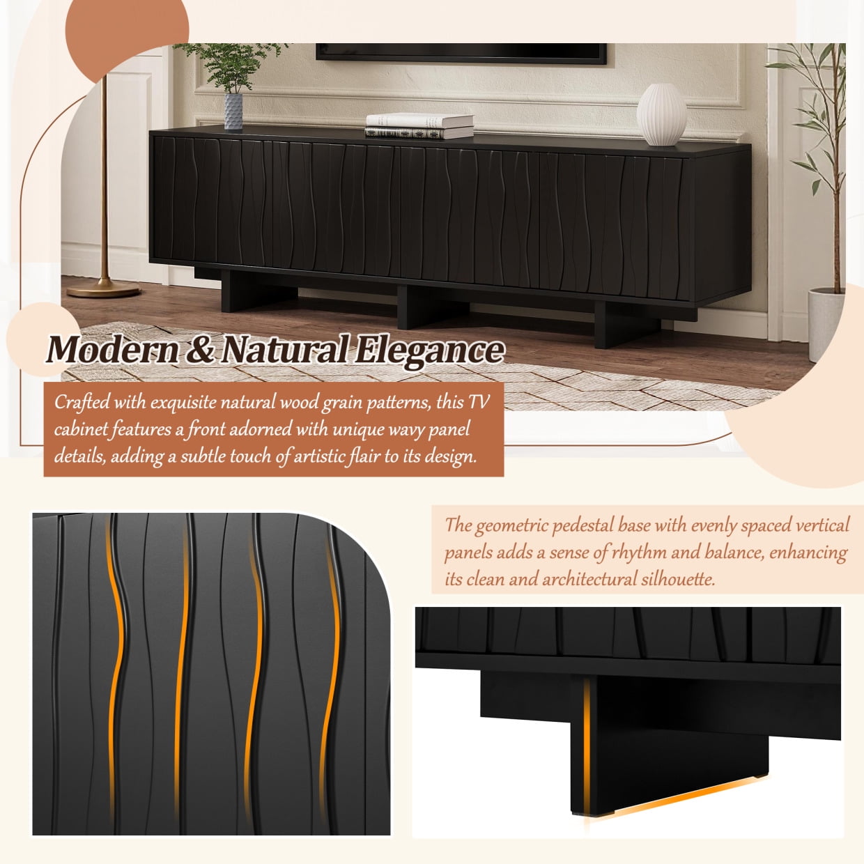 70" Wood Grain TV Stand for TVs up to 75 Inch, Mid Century Modern Entertainment Center with Storage Cabinet and Wavy Door, Media TV Console for Living Room, Black