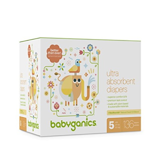 diapers, size 5, 136 ct, babyganics ultra absorbant diapers, packaging may vary