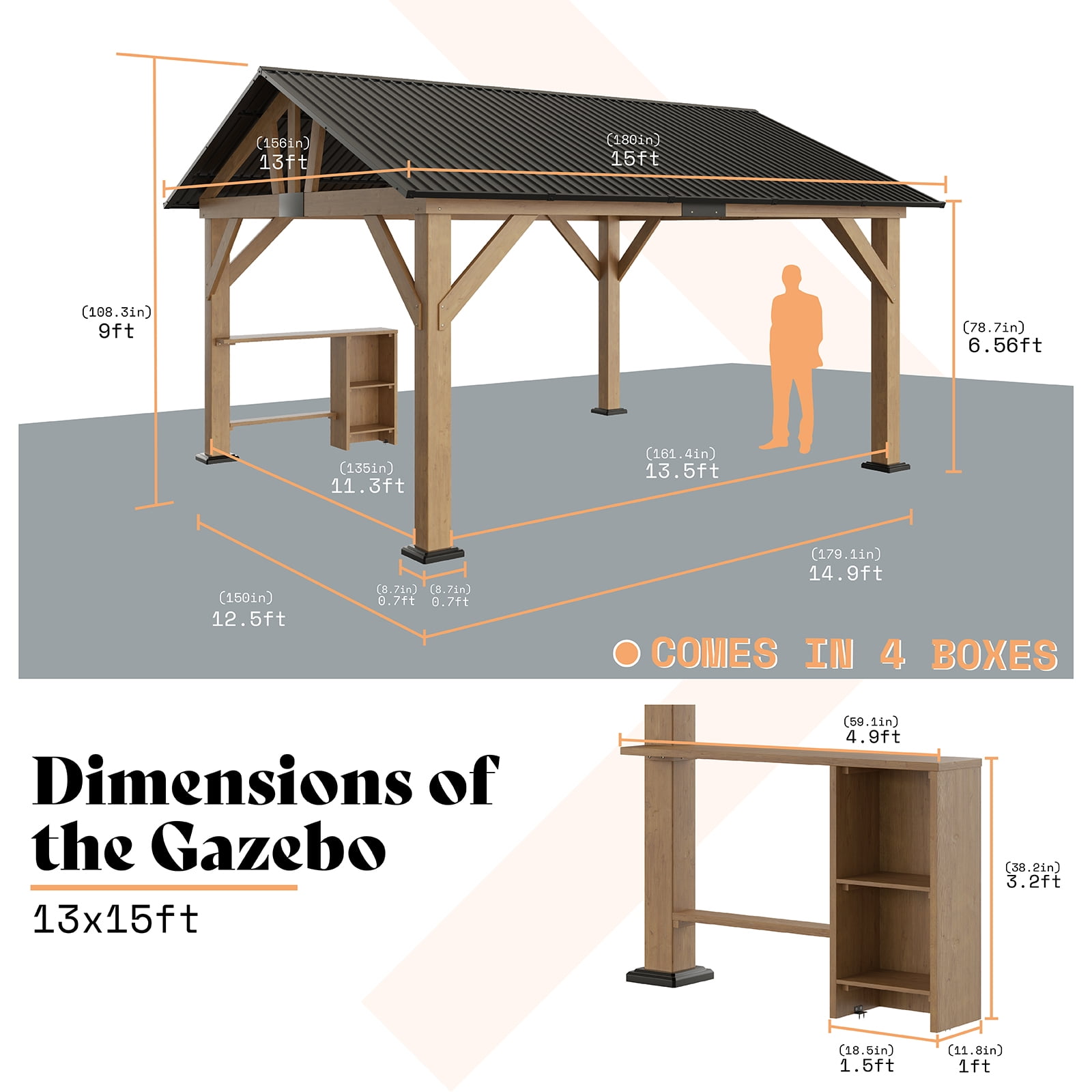 Merluxy 13x15 ft Wood Gazebo with Hardtop & Metal Steel Gable Roof for Garden, Patio, Porch