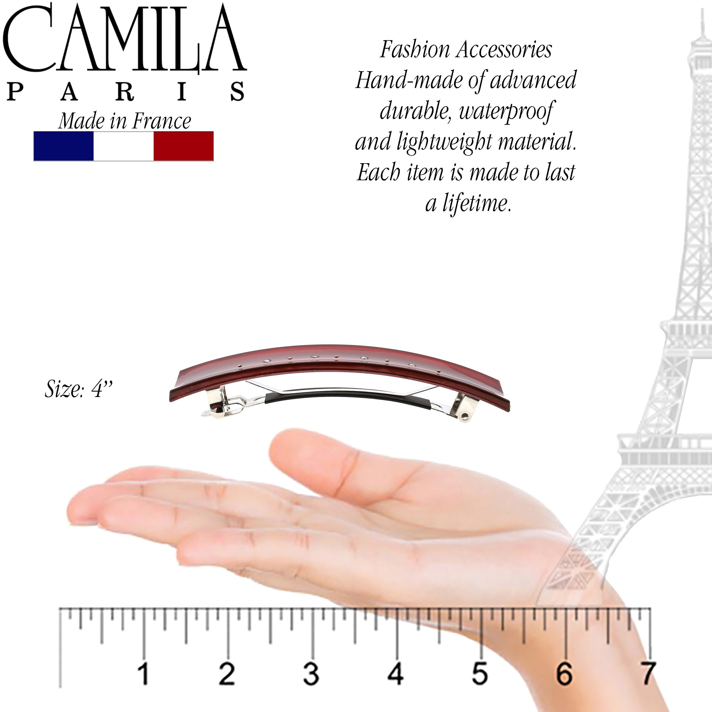 Camila Paris CP3190 French Hair Barrette Clip for Girls, Red, Rubberized Automatic Clasp Strong Hold Grip Hair Clips for Women, No Slip and Durable Styling Girls Hair Accessories, Made in France