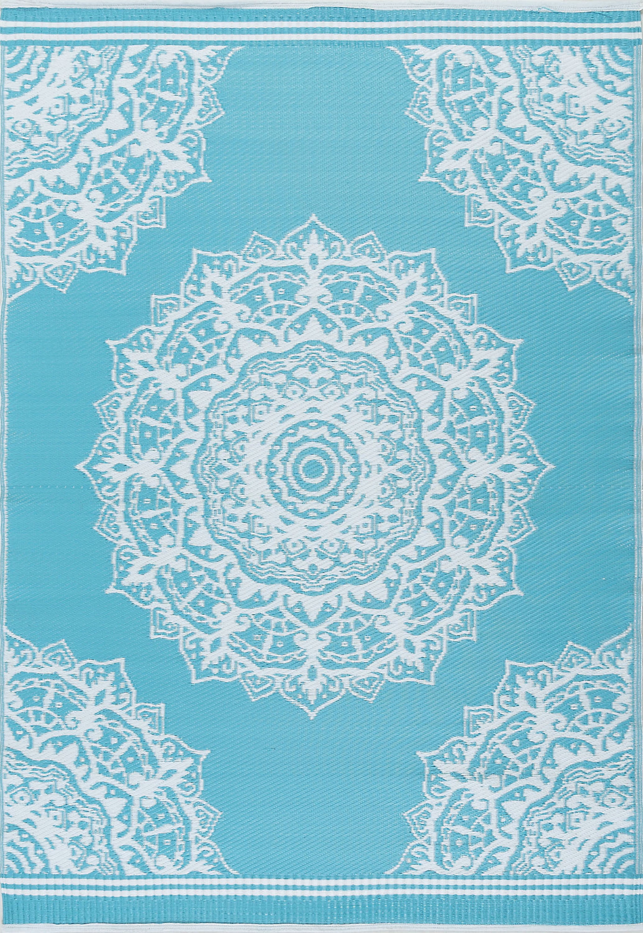 5x7 Reversible Aqua and White Polypropylene Outdoor Medallion Area Rug