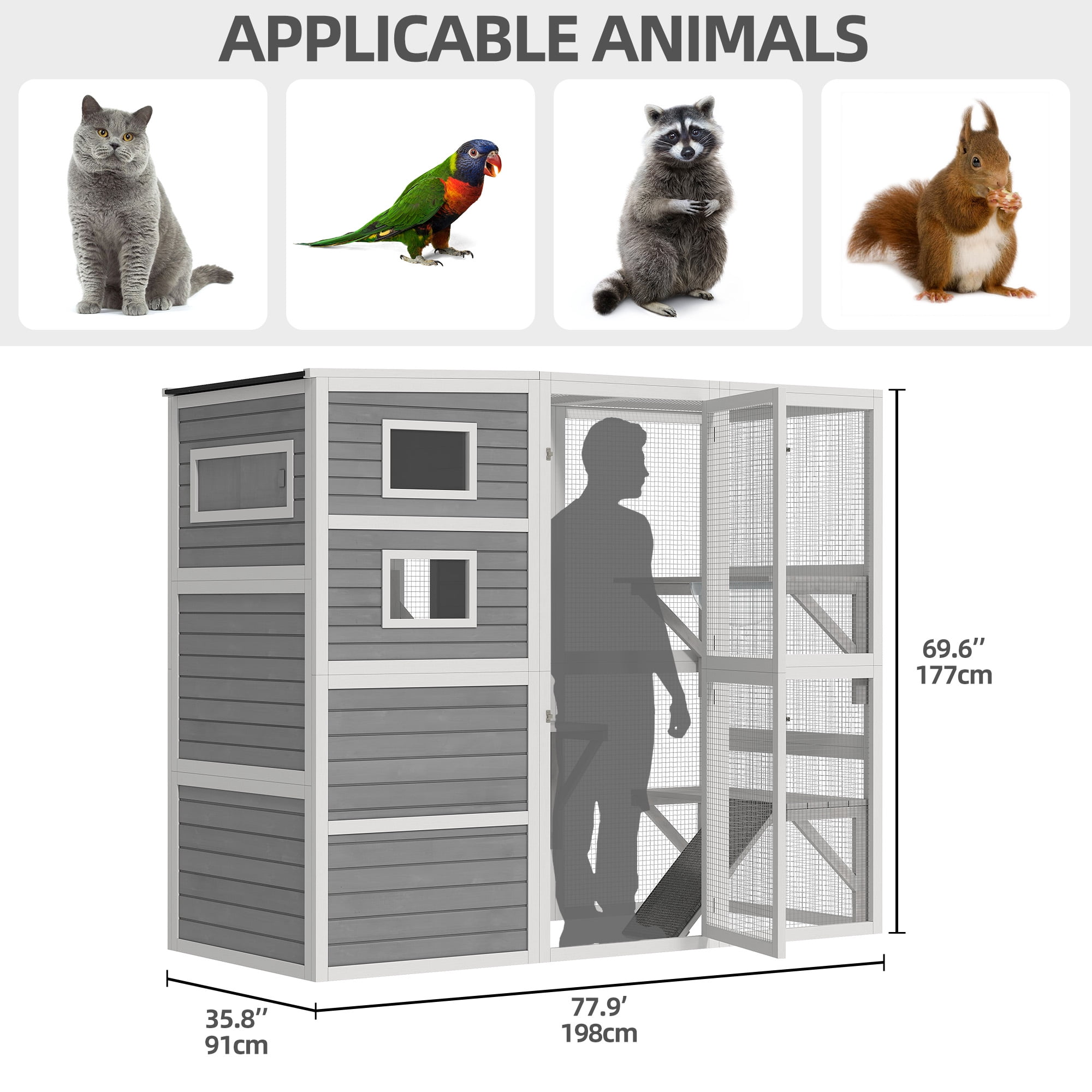 Uforic Cat House Outdoor, 77.9" Large Catio, Cat Enclosure with Weatherproof Roof, 3 Resting Boxes, 77.9 x 35.8 x 69.6 inch