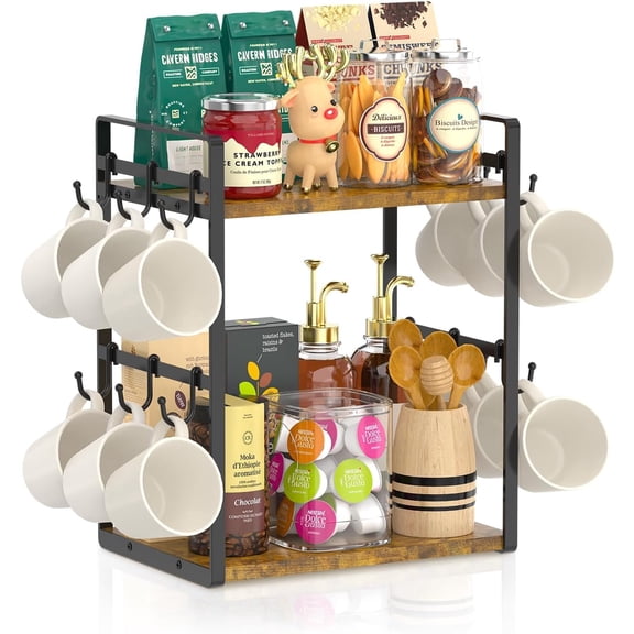 2 Tier Coffee Mug Holder Station Bar Organize Countertop, Mug Cup Tree Rack for Kitchen Office, Storage Shelf with 12 Removable Hooks, Creat Stylish Coffee Corner