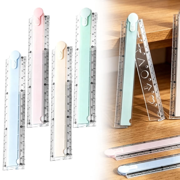 CHENjy Foldable Ruler 12 Inch, Portable Folding Straight Ruler with Geometric Templates, Transparent Plastic Measuring Tool, Blue
