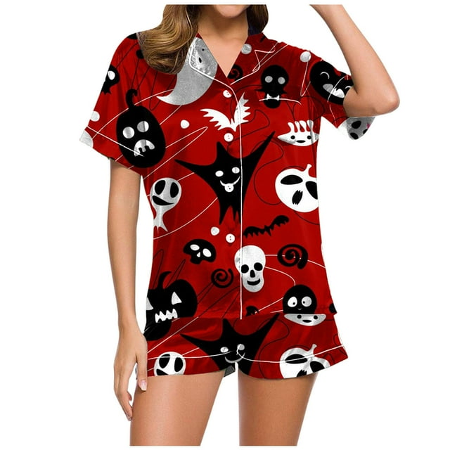 Fgnfyis Ensemble de Pyjama Décontracté Imprimé pour Femmes et Shorts Pyjama d'Halloween Femmes Rouge_002 L