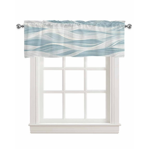 White Blue Ombre Stripe Kitchen Valances for Windows Farmhouse Linen Window Valance Curtain for Living Room Window Treatment Modern Abstract Moire Waves Valance Rod Pocket Topper Drape, 60 x 18 Inch