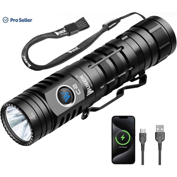 WUBEN C2 Tactical Flashlight, 2000 Lumens, USB-C Rechargeable, IP68 Waterproof, 7 Modes, Compact LED Flashlight