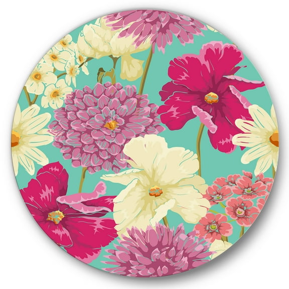 Designart 'Vintage Yellow and Pink Flowers' Traditional Circle Metal Wall Art 36x36 - Disc of 36