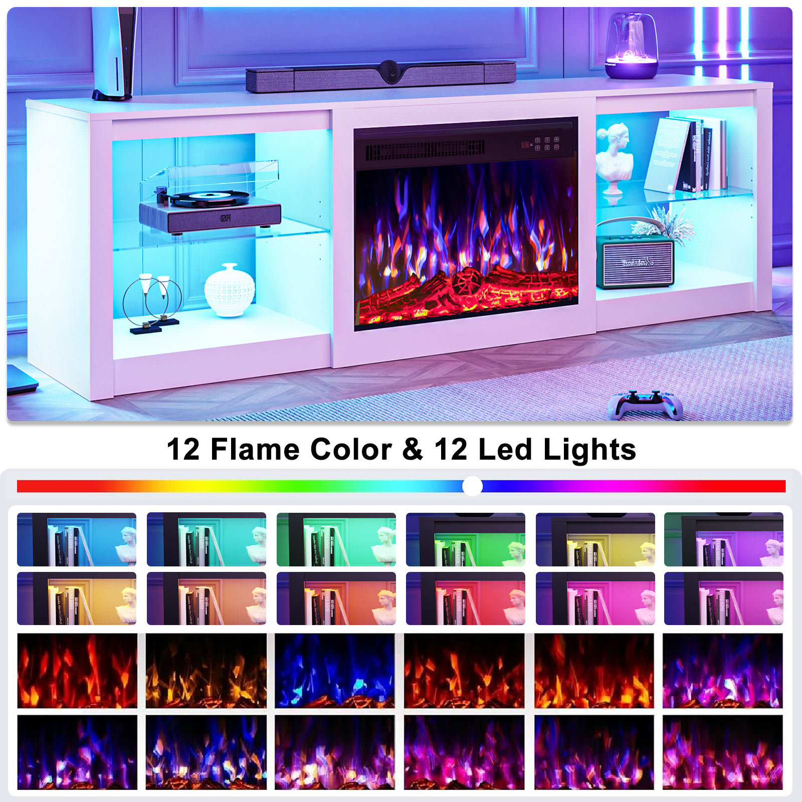Rocyis 70'' Fireplace TV Stand with LED Light and Entertainment Center for 80'' TV with Adjustable Glass Shelves, White TV Console for Living Room/Bedrom, White
