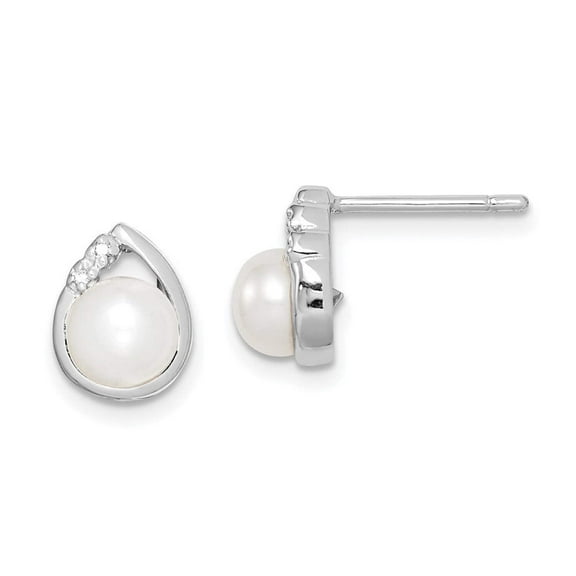 Sterling Silver Rhodium 5mm Freshwater Cultured Pearl & Diamond Post Earrings
