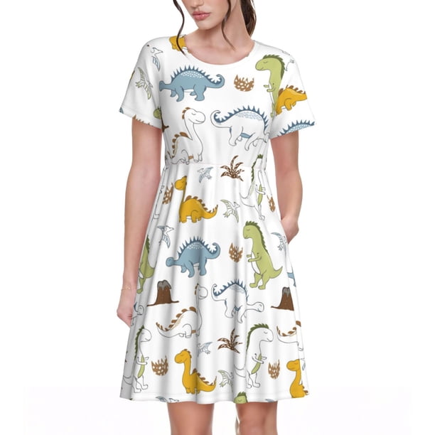 Fotbe Dinosaur Vestido Largo de Moda para Mujer, Vestido Tipo Camiseta con Manga Corta y Estilo Casual a Rayas y Bloques de Color