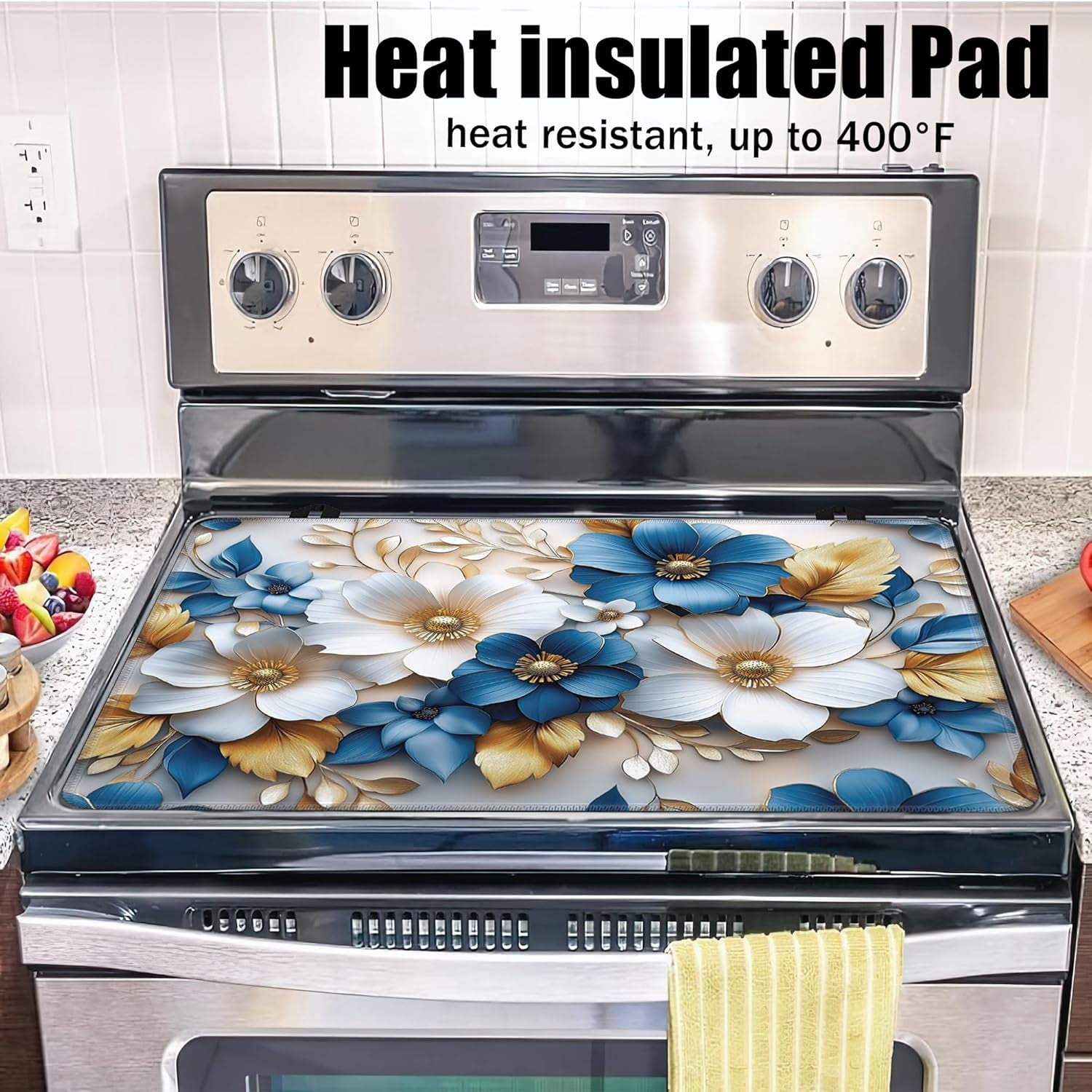 Groovy Flower Glass Top Stove Cover Protector,Modern Blue White Gold Flower Heat Resistant Stove Top Cover, Large Size Range Covers for Electric Stove Countertop Mat, 28 x 20 Inch