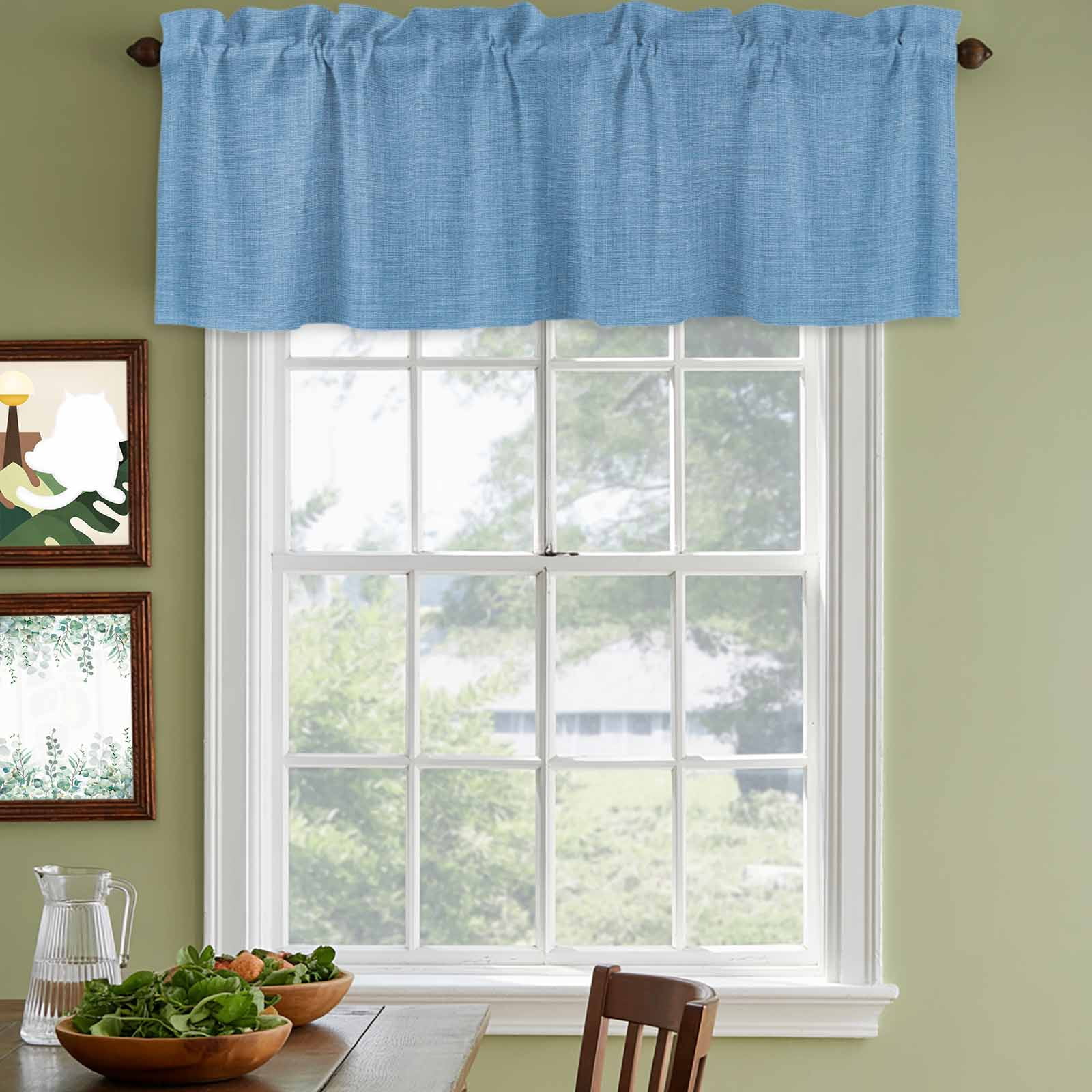 2 Panels Blue Valance for Windows, Farmhouse Burlap Solid Blue Color Modern Linen Texture Light Filtering Kitchen Curtains, Rod Pocket Window Treatment Curtain Valances for Living Room, 42"x12"