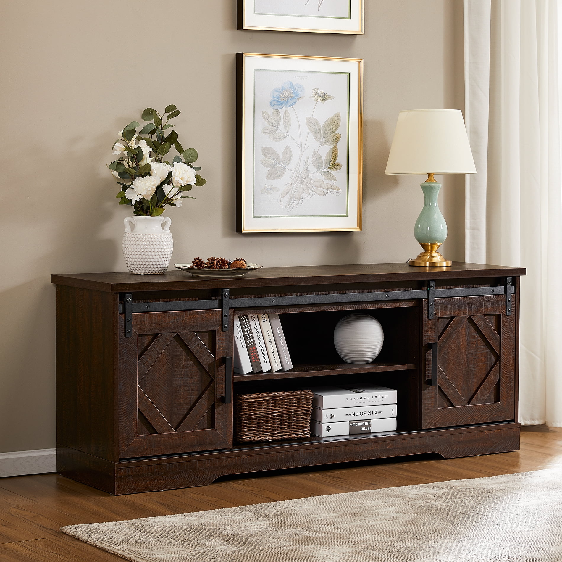 FITUEYES Farmhouse Sliding Barn Door TV Stand for 70 Inch Flat Screen