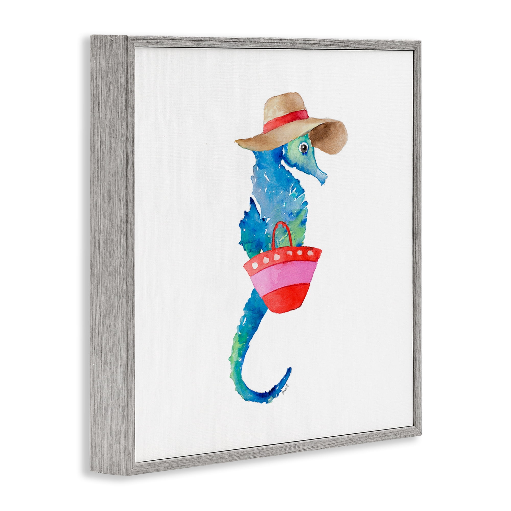 Stupell Industries Seahorse in Beach Hat Novelty Painting Gray Framed Art Print Wall Art, 12 x 12