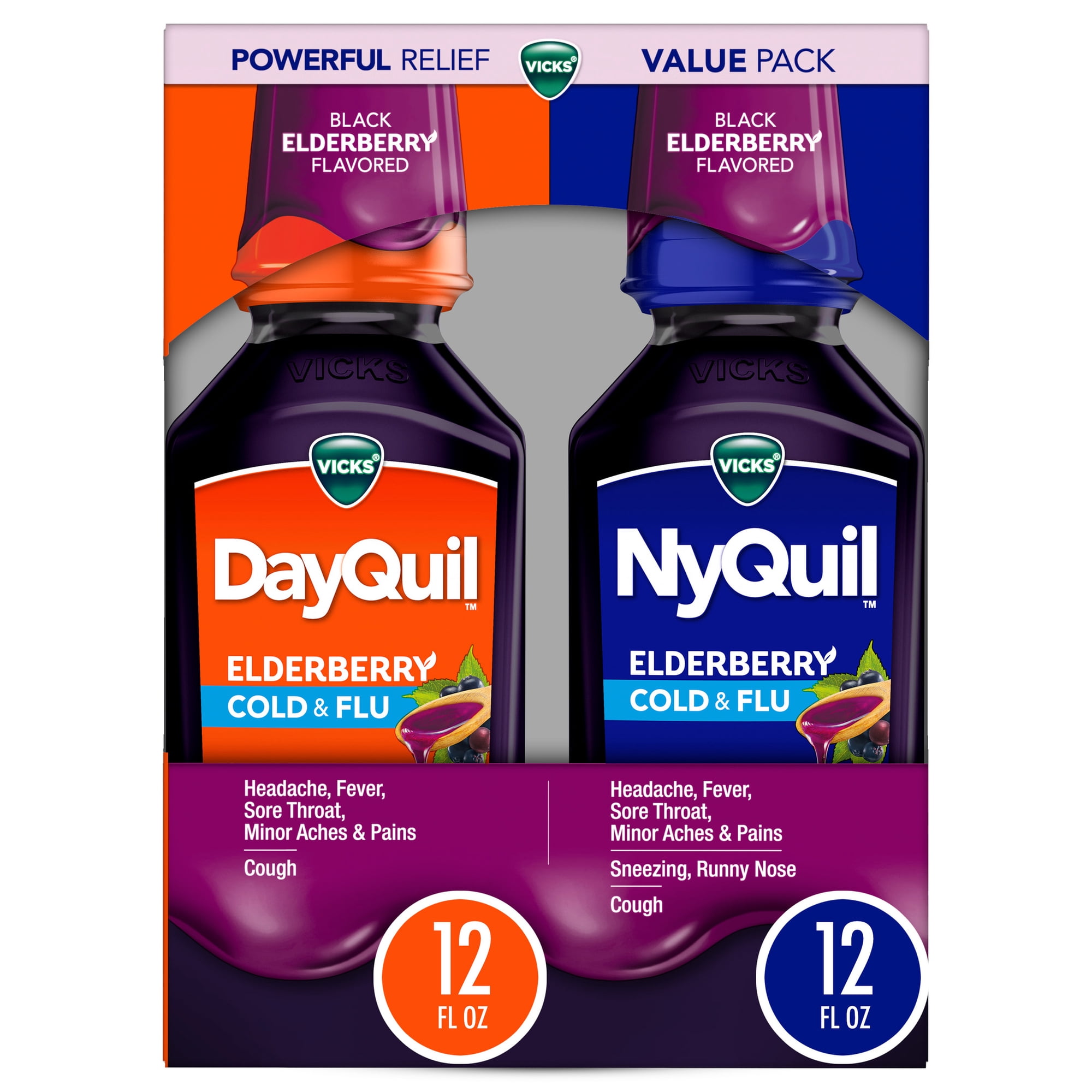 VICKS DayQuil & NyQuil Cold & Flu Medicine Co-Pack, Elderberry Flavor, 2x12 fl oz