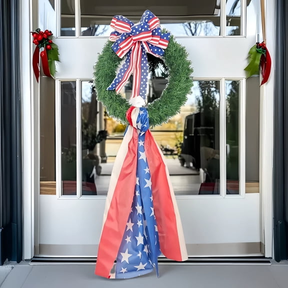 Hyknon Patriotic Pine Ribbon Wreath Decor, 4th of July Red White Blue Independence Day Festive Display Wreaths, Flag 250th Anniversary Decor Wreath for Front Door Porch Memorial Day Wall Holiday
