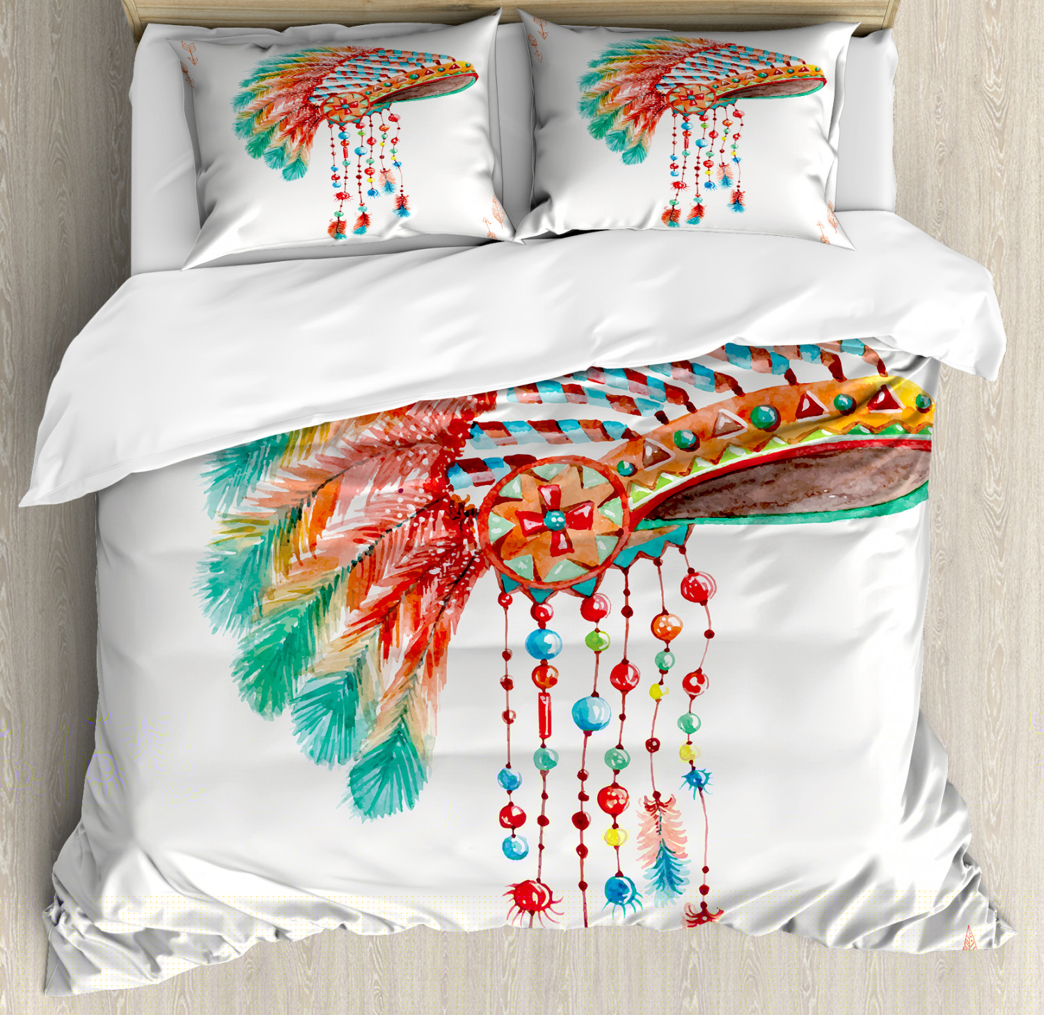 American Duvet Cover Set, Watercolor Tribal Native Chief Headdress with Feathers Beads Arrow