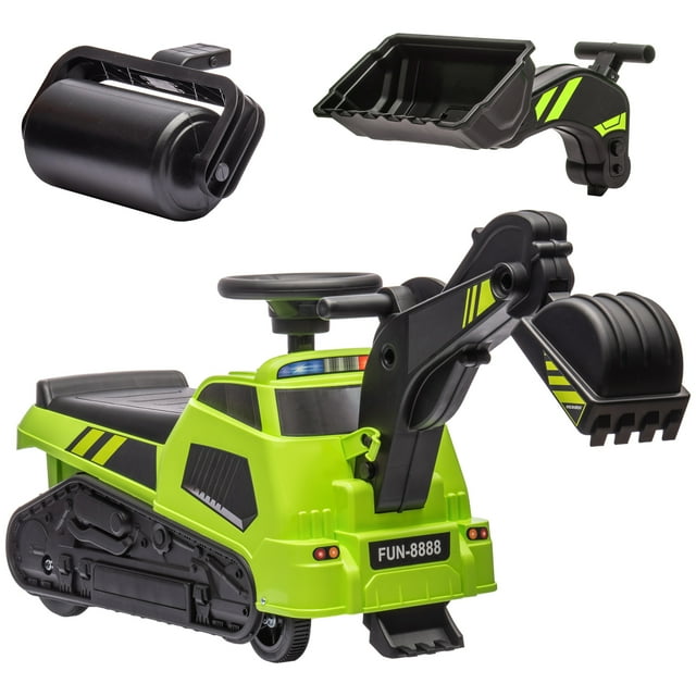 Aosom Excavatrice Bulldozer 3 en 1 à Chevaucher, Rouleau Compresseur avec Musique, Vert