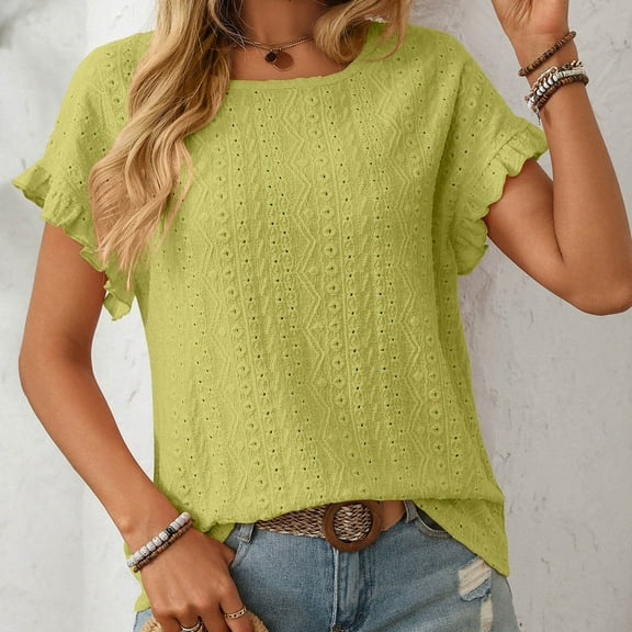 Xuyuer Women's Fashion Casual Spring Summer New Solid Round Neck Short Sleeve Cut-Out T-Shirt Top - Relaxed Tee with Sheer Detail for Everyday Style