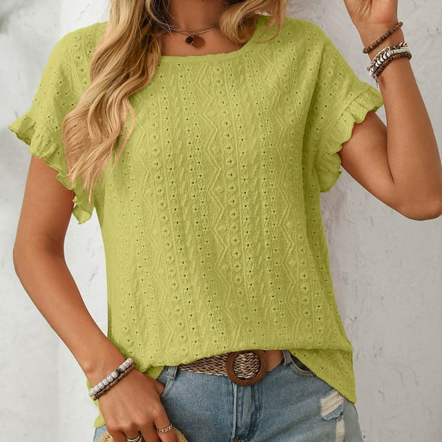 Women's Casual Round Neck Short Sleeve T-Shirt Loose Thread Stitching Top Comfortable Spring Summer Fashion Tee for Home Daily Wear Imitation Rack Fabric Quarter Sleeve