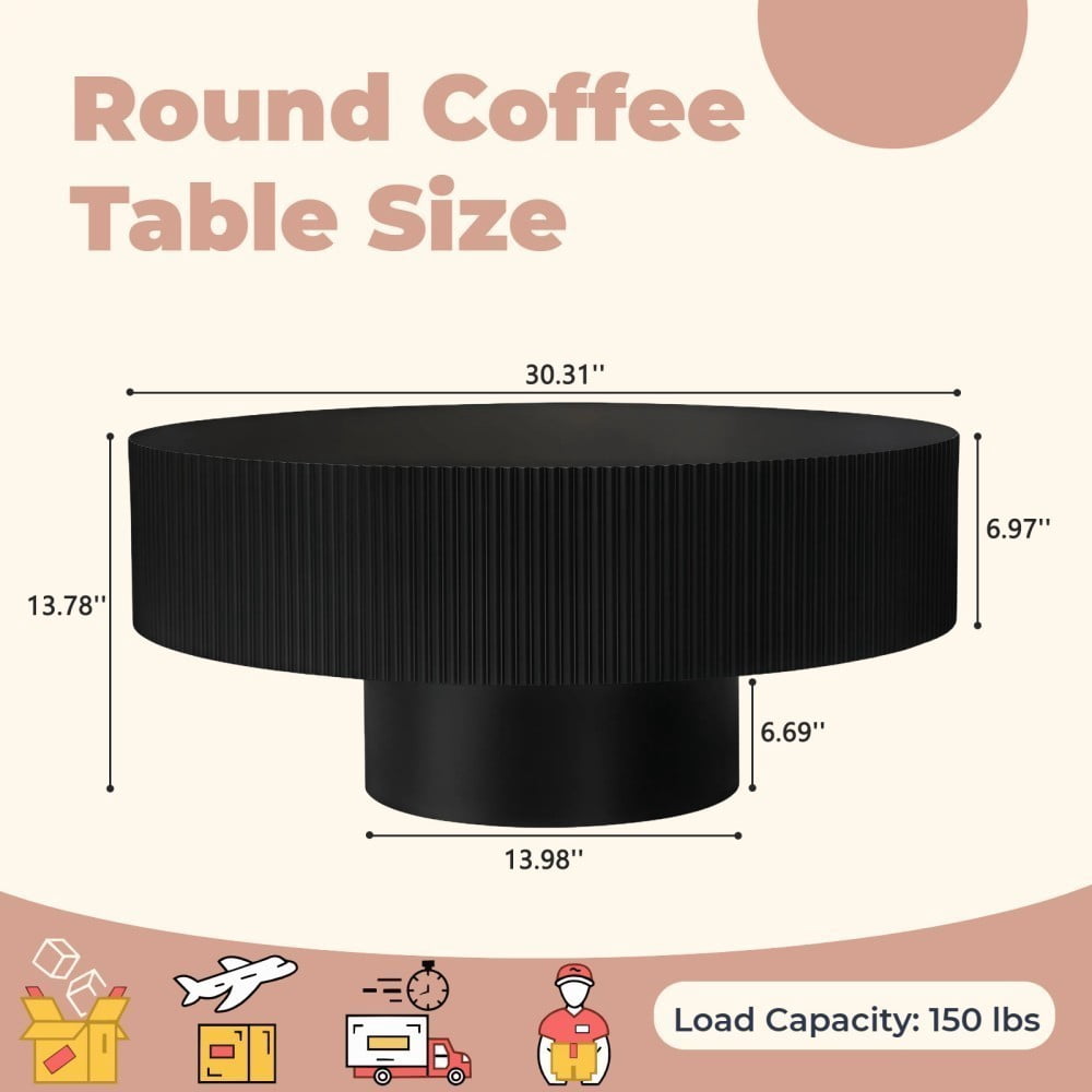 Round Fluted Coffee Table, Modern Pedestal Coffee Table for Living Room, Mid Century Modern Side Table, Small Space Accent Table, Black