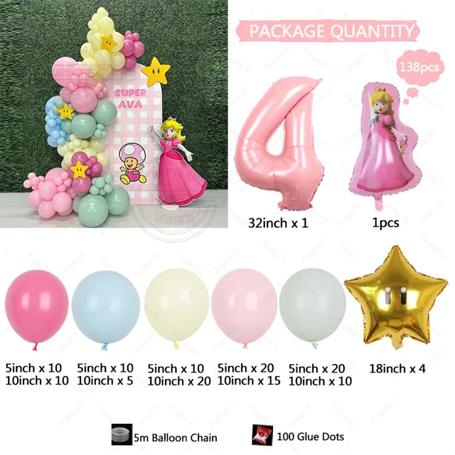 Juego de 138 cadenas de globos con temática de princesa Peach de Super Mario, fondo para fiesta de cumpleaños y baby shower, decoración de arco
