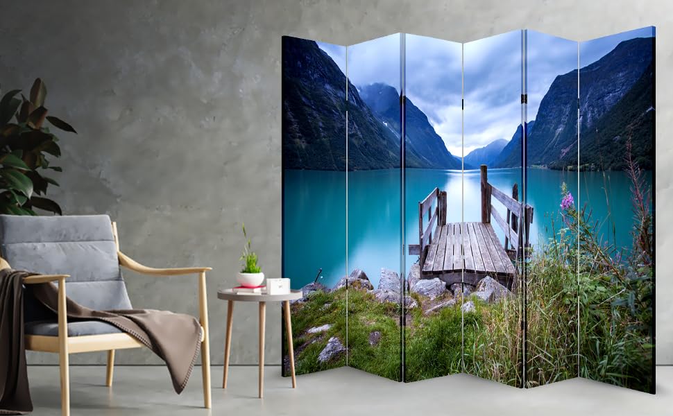 6 Panels Privacy Screen Room Divider Partition with Lake Dock Canvas, Water Resistant for Living Room, Bathroom, Home Office or College Dorm, Wood Frame
