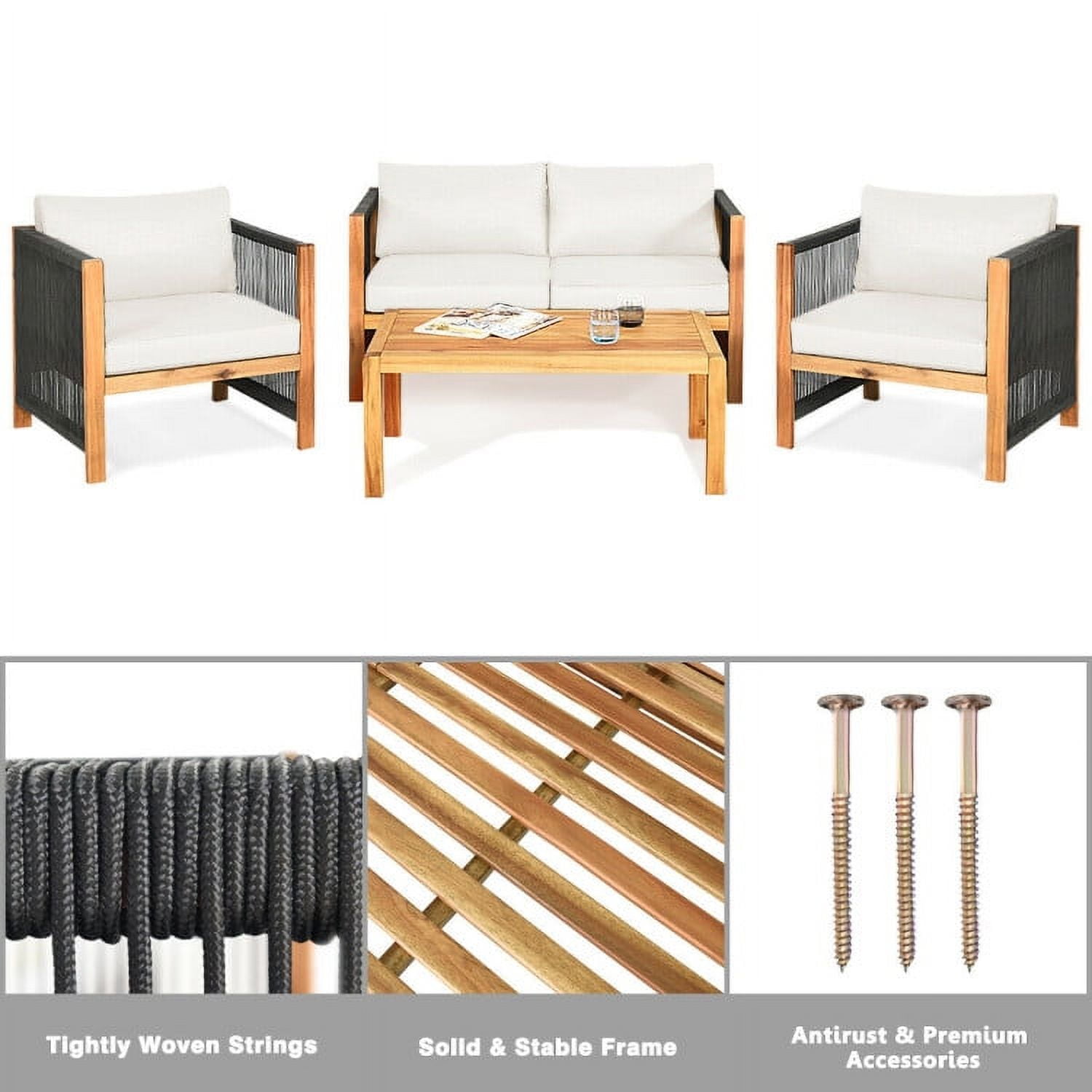 Aimee Lii 4 Pieces Acacia Wood Outdoor Patio Furniture Set with Cushions, Wooden Patio Furniture Set, White Aimee Lii 4 Pieces Acacia Wood Outdoor Patio Furniture Set with Cushions, Wooden Patio Furniture Set, White