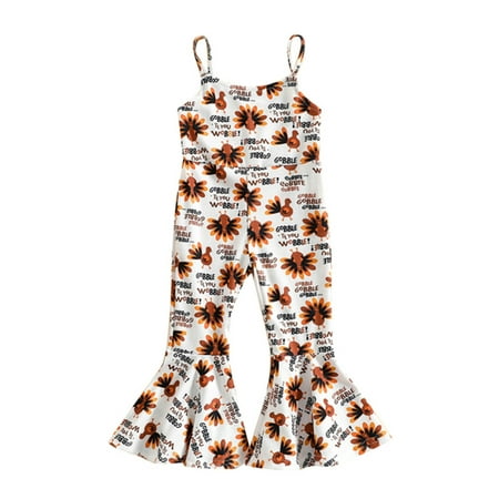 

Youmylove Cute Thanksgiving Toddler Jumpsuit Kids Girls Ribbed Romper Pants Turkey Sleeveless Strap Flare Pants Bell Bottom Playsuit