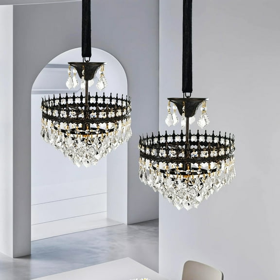 LUVODI 30cm Farmhouse Vintage Round Ceiling Chandelier w/ Layered Crystals Pendant Lighting Fixture