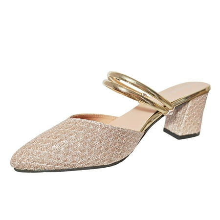 

LIANGP Women s Sandals Ladies Simple Solid Color Fine Flash Pointed Middle Heel Thick Heel Two Wear Large Size Sandals Slippers Women s Shoes Gold Size 7