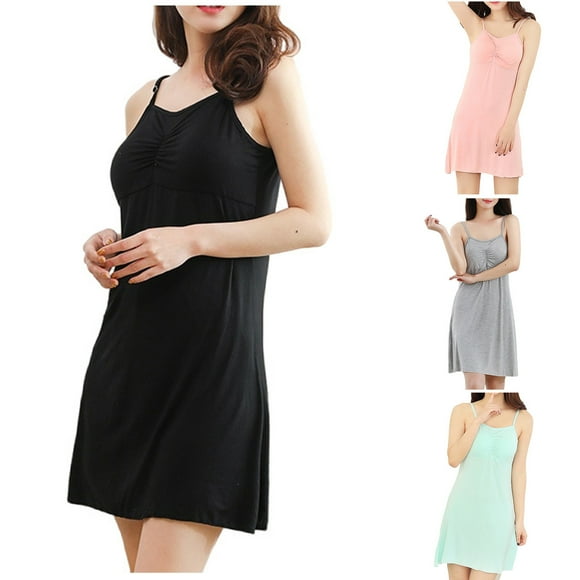 CFLVAEK Chemises de Nuit pour Femmes Grande Taille avec Soutien-Gorge Intégré Confortables Débardeur à Col en V Chemises de Nuit à Bretelles Spaghetti Nuisette en Modal Doux Tenue de Nuit Décontractée 2025 L