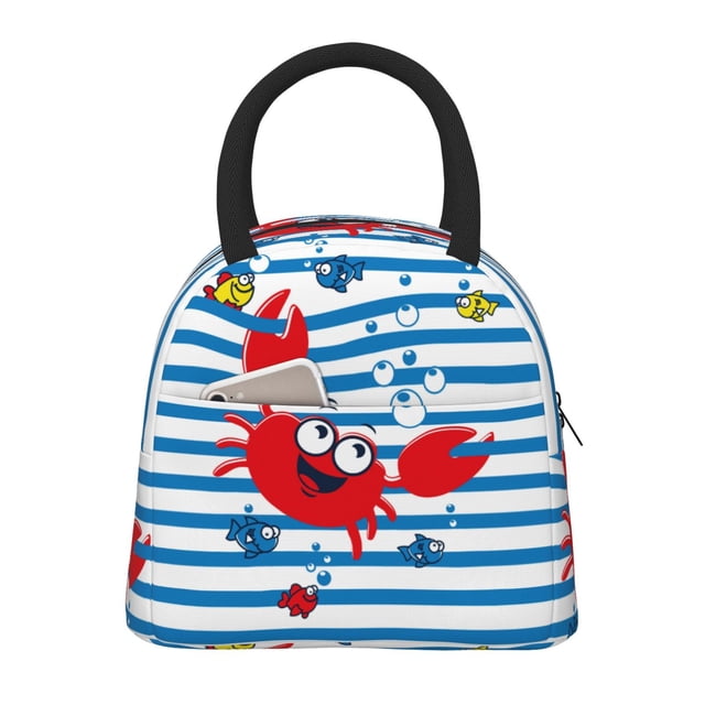 Balery Red Funny Crab on Blue Stripe Bolsa de Almuerzo para Mujeres, Caja de Almuerzo, Bolsa de Almuerzo Pequeña Impermeable, Tote de Almuerzo Reutilizable con Gran Capacidad