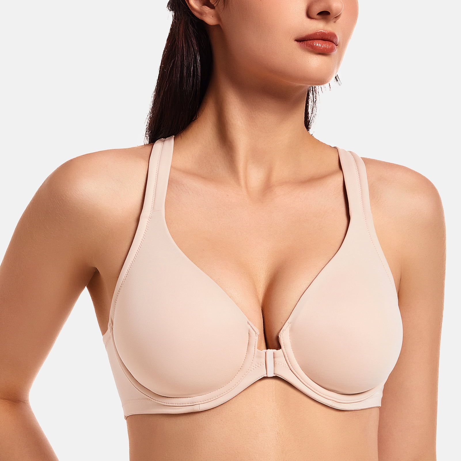 MELENECA Women's Racerback Front Closure Bras Plunge Unlined Full Coverage Seamless Underwire Bra Beige 48B
