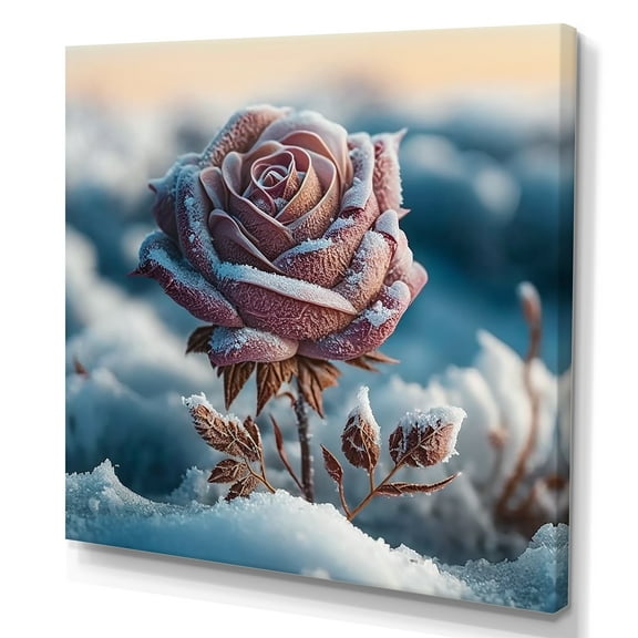 Designart A Blooming Pink Rose Flower In Winter I Canvas Wall Art