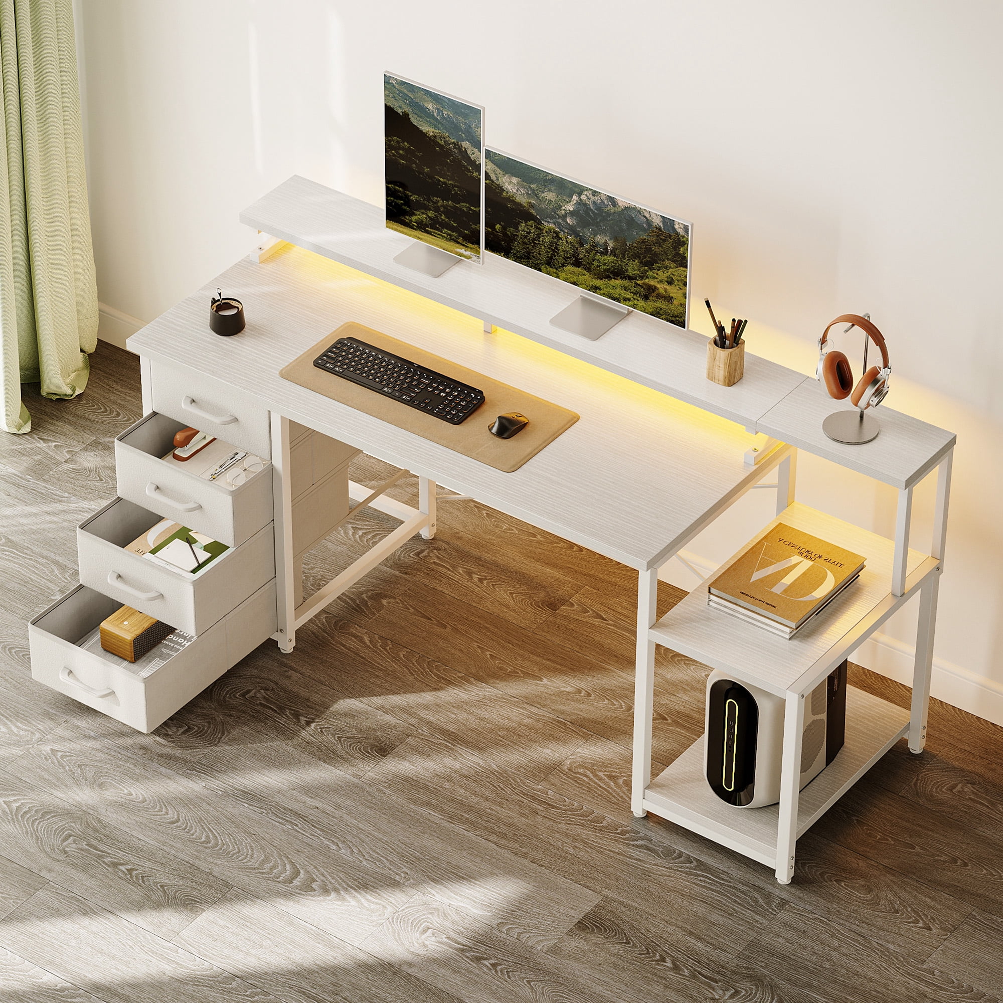 Casacomoda 55 Inch Computer Desk with LED Light, Monitor  Stand, Desk with 4 Drawers, Home Office Desk with Storage Shelves, White Office Desks, White