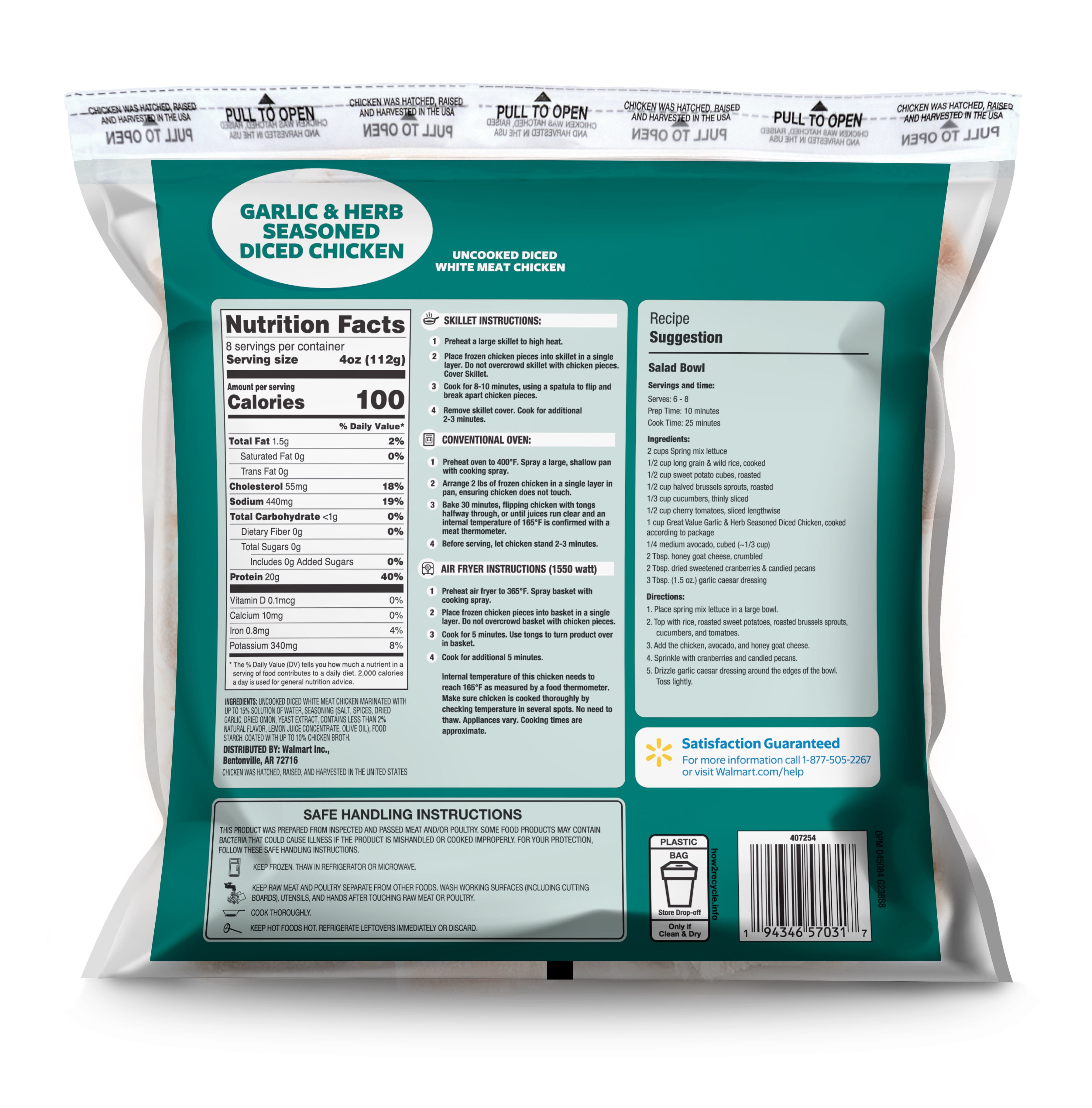 Great Value Garlic and Herb Seasoned Diced Chicken Breast, 2lb (Frozen)