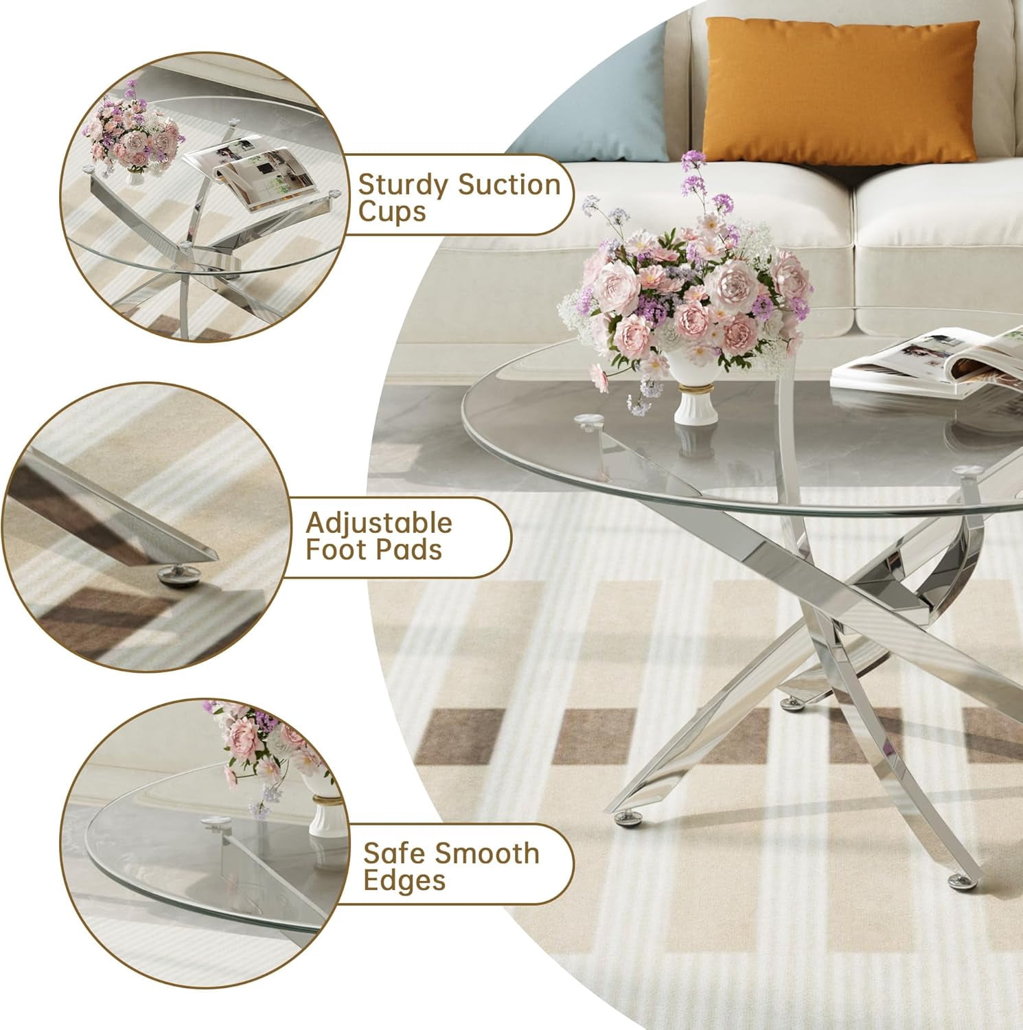 3-Piece Modern Living Room Set-35.43" Round Glass Coffee Table & 23.62" End Tables, Stainless Steel Base & Tempered Safety Glass Top, Sleek Set for Home, Apartment, Office