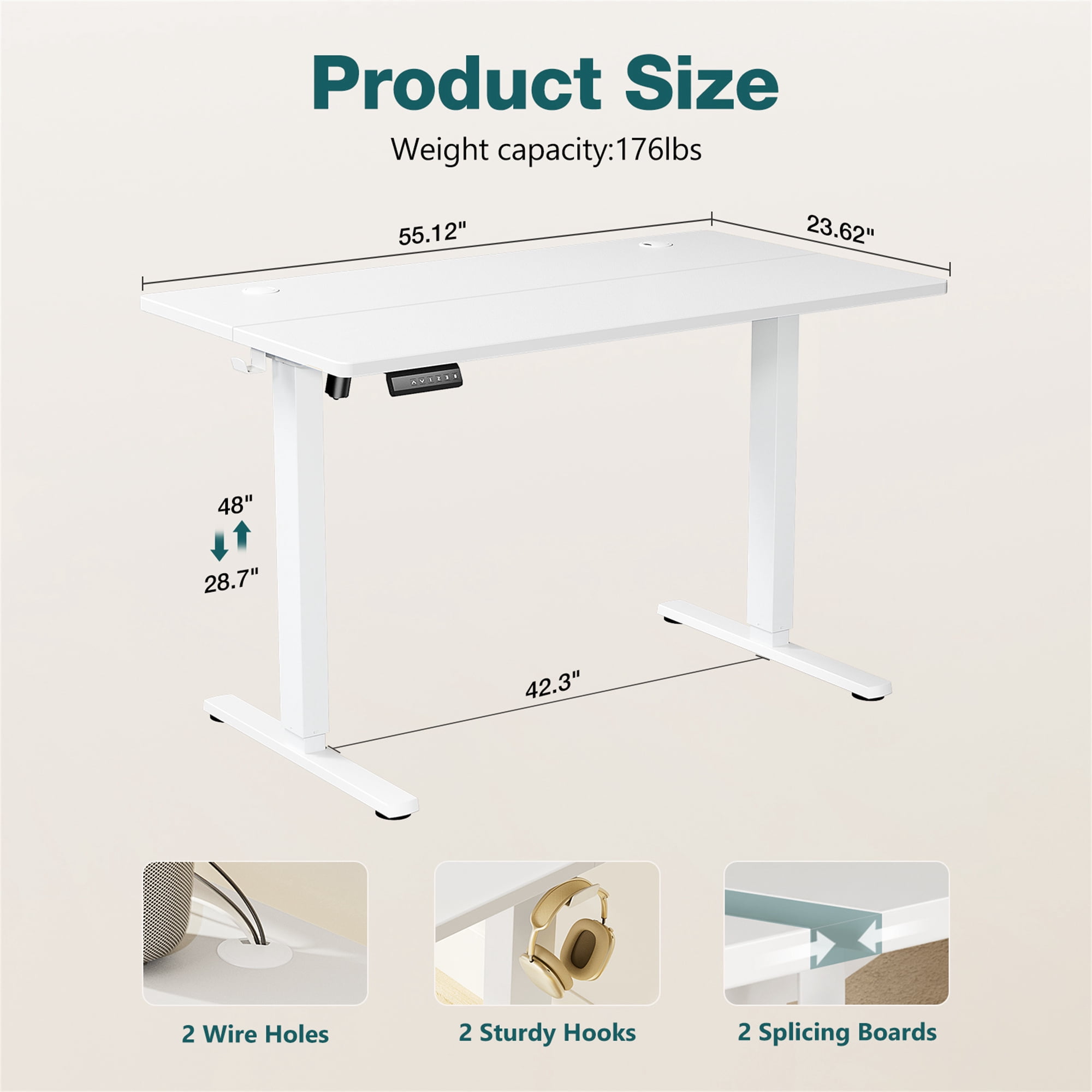 Aukfa 55" Electric Standing Desk, Adjustable Height Stand up Desk for Home Office, White