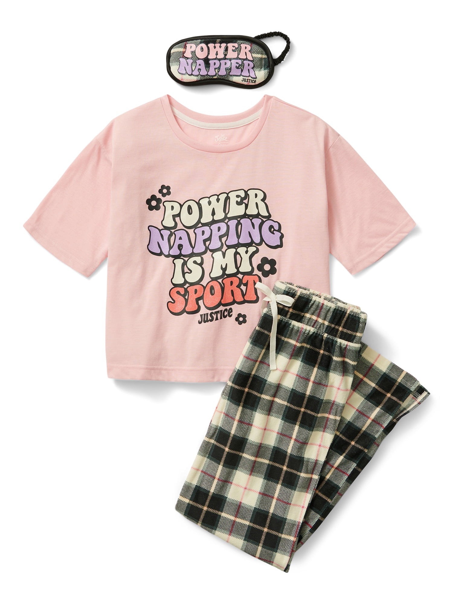 Justice Girls Short Sleeve Top and Long Pant Pajama Set with Sleep Mask ...