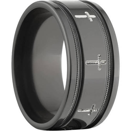 10mm Flat Black Zirconium Ring with Milled Crosses Inside Two Grooves