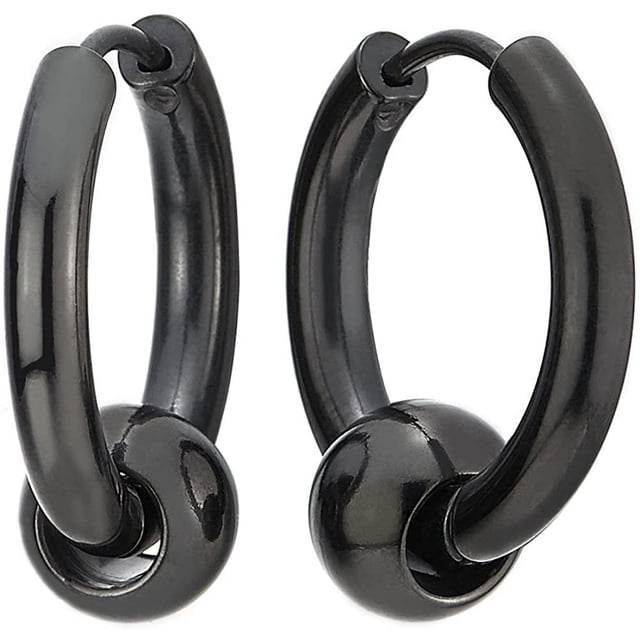 Laklulu - Pendientes de aro con bisagras de acero inoxidable con cuentas circulares negras para hombres y mujeres, 2 unidades