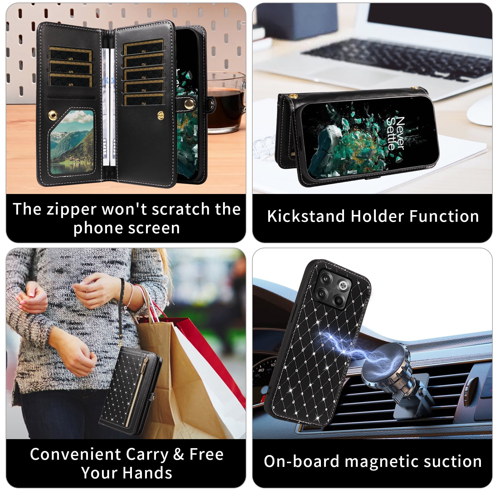Phone Case for OnePlus 10T 5G/One Plus Ace Pro Zipper Wallet Detachable Cell Cover with Tempered Glass Screen Protector Crossbody Lanyard Strap Bling Glitter Flip Card Holder Slot 1+10T AcePro Black