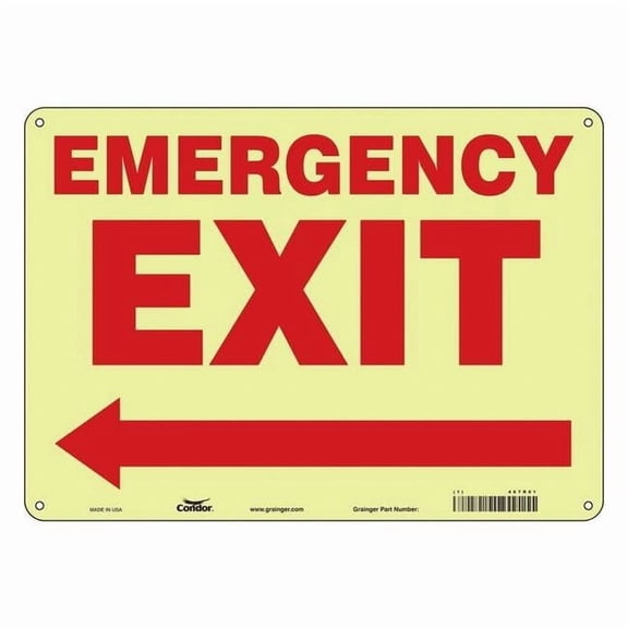 Condor Exit Sign, Plastic, 14" W, 10" H, EMERGENCY EXIT W/SYMBOL, White 467R01