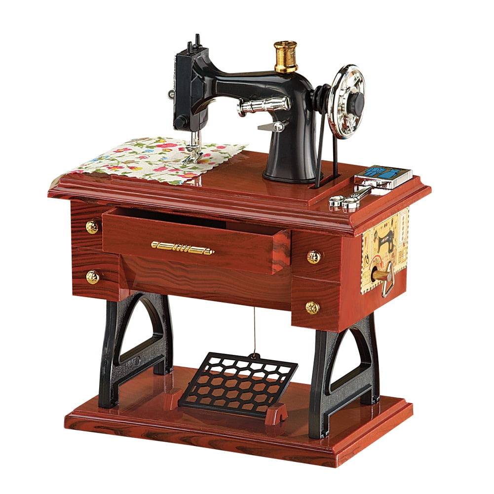 Animated Antique Sewing Machine Tabletop Music Box Complete with Fabric