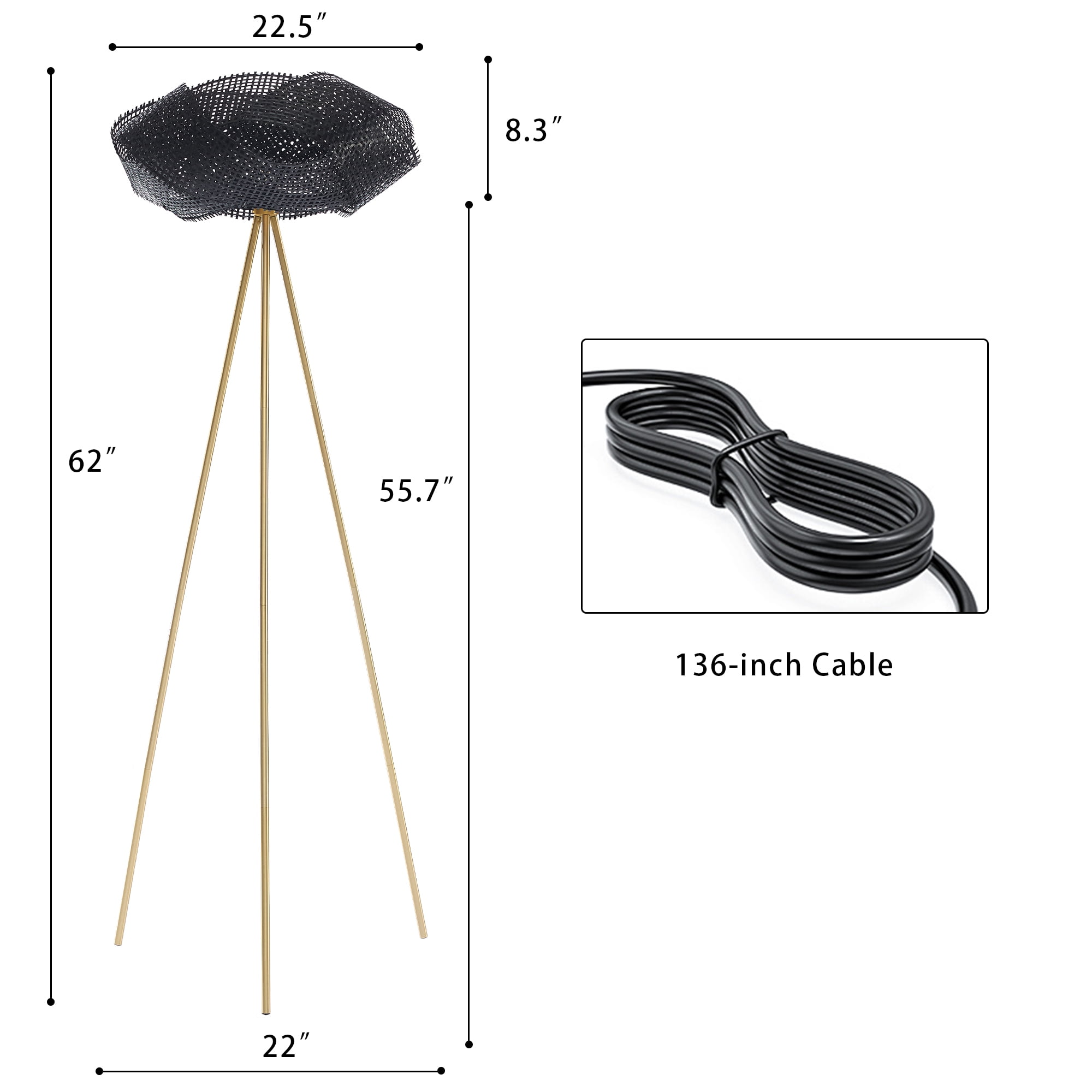 Handwoven Bamboo 64 Tall Tripod Floor Lamp, Boho Lotus-Shaped Woven Floor Lamp with Black Metal Stand,Floor Lamp for Living Room Bedroom Reading,Black
