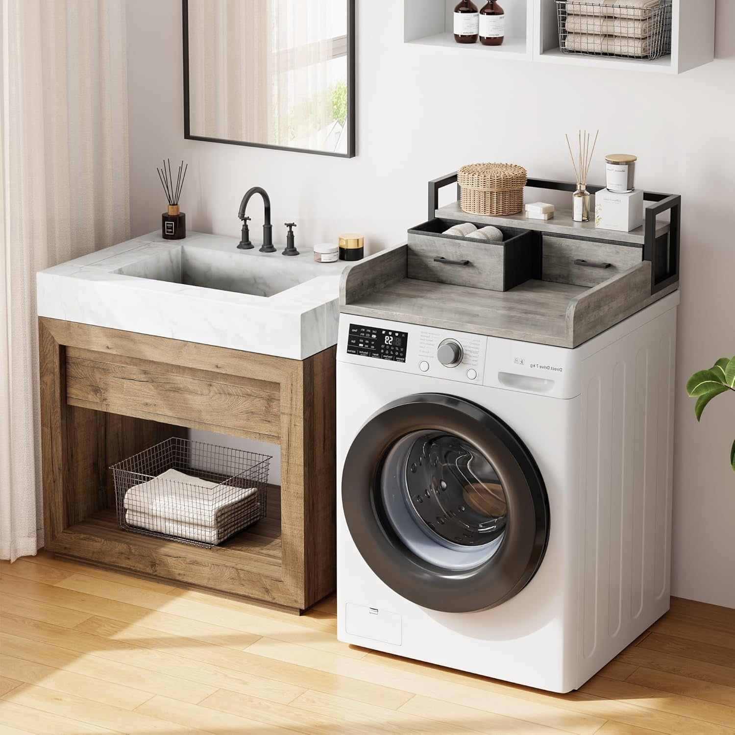 2-Tier Washer and Dryer Countertop with Shelf or Drawers, Laundry Countertop Cover with Non-Slip Pad, 54"X27.5" Laundry Topper for Folding Clothes Over Washer and Dryer, Grey